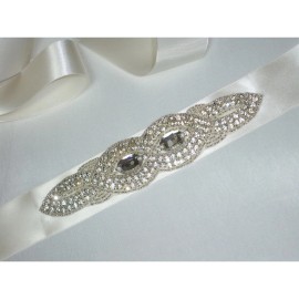 Handmade Ivory rhinestone appliqued bridal wedding dress belt, rhinestone crystal belt
