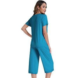 NACHILA Women's Pajamas-Viscose Made from Bamboo, Soft Capri Pants Pajamas Set Short Sleeve Pjs Top Cooling V Neck Sleepwear Turquoise L