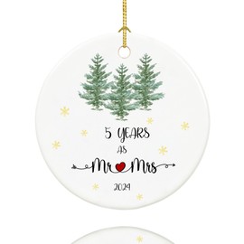 5 Year Wood Anniversary 2024, 5 Year Anniversary Mr and Mrs Gifts for Couple, 5 Year Wedding Anniversary for Husband Wife, 2.9" Ceramic 5th Anniversary Keepsake for Home Christmas Decoration