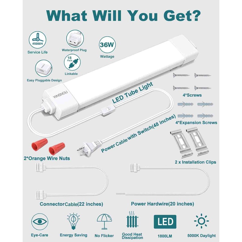 WNSNOU LED Shop Light With Plug, 4FT Waterproof Linkable Tube,