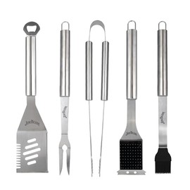 Jim Beam® 5 Piece Stainless Steel BBQ Tool Set - 2-Prong Fork, 4-in-1 Spatula, Grilling Tongs, Basting Brush, Extra Long Handles