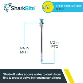 SharkBite 15 Inch Frost Free Sillcock, 1/2 x 3/4 Inch MHT, Push to Connect Brass Plumbing Fitting, PEX Pipe, Copper, CPVC, PE-RT, HDPE, 24637LF