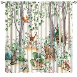 Forest Animal Kids Curtains, Wild Rustic Bear Fox Deer Children Cartoon Window Treatments for Living Room, Watercolor Blackout Drapes 2 Panel Sets,42x54 Inch