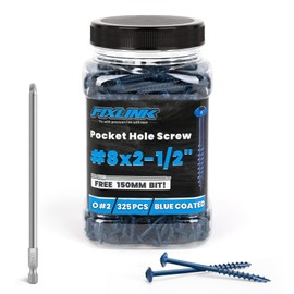 Pocket Hole Screws 2-1/2 Inch, FIXLINK Pocket Screws #8 X 2-1/2", 325 PCS, Above 1000 Hour Salt Spray Blue Coated Pocket Hole Screw for Outdoor, Square Drive, 150MM Drive Bit Included