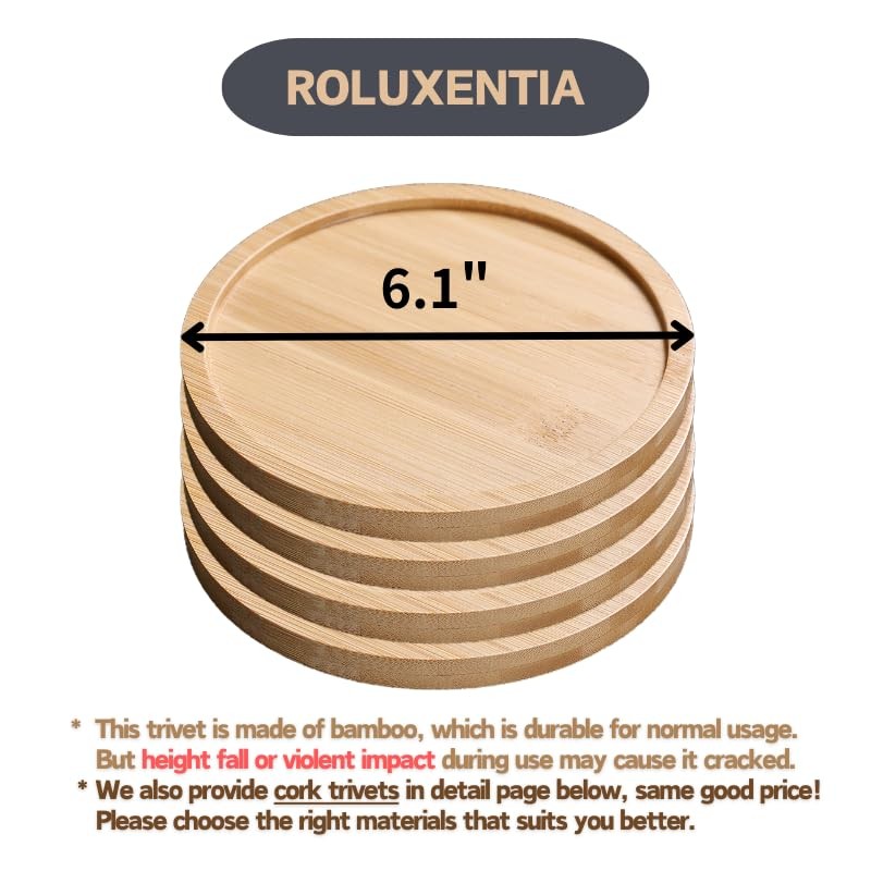 ROLUXENTIA 4 Pcs Bamboo Wooden Trivets - 6 Inch Heat