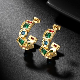 Multicolor Gemstones Hoop Earrings - Women 316L Stainless Steel Gold-Tone Geometric C-Shape Design Stud earrings 1 Inch SE0122K