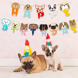 Dog Birthday Decoration, Party Set, Pet Animals, Cute, Happy Birthday Garland, Balloons, White, Gold, Bones, Confetti Box, Balloons, Set of 22 (1)