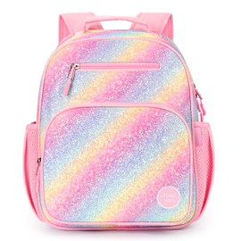 mibasies Girls Backpack 5-8: Glitter Kids Backpacks for Girls - Girl Bookbag for Elementary School - Twill Rainbow Pink