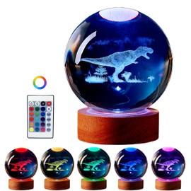 DIGFPWT Dinosaur Crystal Ball Lamp, 3D K9 T-Rex, 3.15in USB Powered, 16 Colors Change, Remote Control, Night Light with Wooden Base, Gift Box