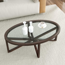 Polibi Modern Oval Glass Coffee Table, Solid Wood Base Tempered Glass Coffee Tables for Living Room, Cherry