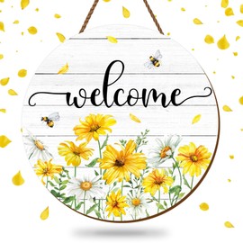 JarThenaAMCS Spring Summer Flower Welcome Door Sign Yellow White Daisy Wooden Hanging Sign Floral Bee Door Hanger Sign for Holiday Indoor Outdoor Farmhouse Home Porch Window Wall Decor