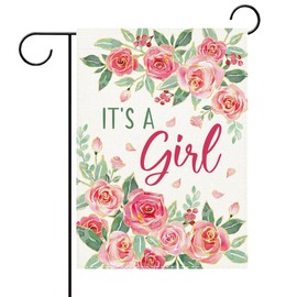 Terkki It's a Girl Pink Rose Flower Decorative Garden Flag, New Birth Gender Reveal Small Yard Outside Decorations Gift for New Dad Mom, Baby Shower Baptism Party Outdoor Home Decor Double Sided 12x18