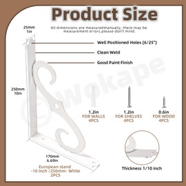 Wokape 2 Pack L Bracket Decorative Shelf Brackets 10 Inch White Wall Mounted Floating Shelf Bracket L Shape Heavy Duty Metal Corner Brace Shelf Metal Corner Brace Shelf Supporter with Screws