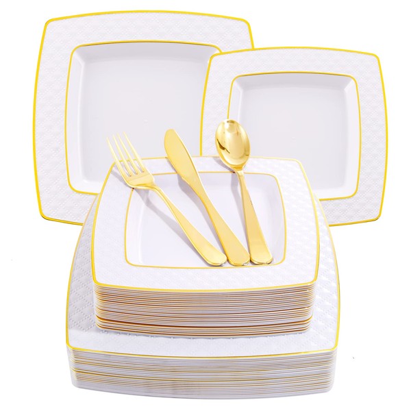 supernal 125 Pcs Gold Plastic Plates, Gold Square Plates with Diamond Design,Gold Plastic Silverware, Includes: 25 Dinner Plates, 25 Salad Plates, 25 Knives, 25 Forks, 25 Spoons,Suit for Mothers Day