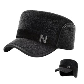 crazy bean Men's Winter Cap with Ear Flaps, Warm Aviator Hat with Peak, Baseball Cap, Flat Cap, Men's Black Faux Fur Hat, Leather, Dark grey fluffy