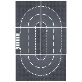 6 Piece Road Base Plates, City Street Road Building Baseplate Toys Compatible with All Major Brands, For Ages 3 and Up, 4 Curves, 1 Straight, 1 T-Junction, 10" x 10" (Grey)