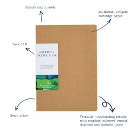 BLUE ACORN - 5 x A5 Portrait Softback Sketchbook - 20 Sheets 150gsm Multipurpose Paper - Brown Kraft Cover - Perfect for Light Washes of Paint, Pencils & Sketching