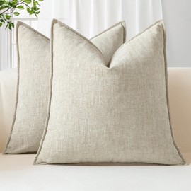 Sungeek Set of 2 Soft Chenille Cushion Covers 45x45cm Square Decorative Throw Pillow Covers with Stitched Edge Solid Dyed Pillow Cases Covers for Home Decor Couch Sofa Bed Living Room, Beige