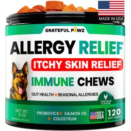 Dog Allergy Relief Chews - Dog Itch Relief - Probiotics, Omega 3 Fish Oil + Colostrum - Itchy Skin - Seasonal Allergies - Anti Itch Support & Hot Spots - Immune Health Supplement - Made in USA