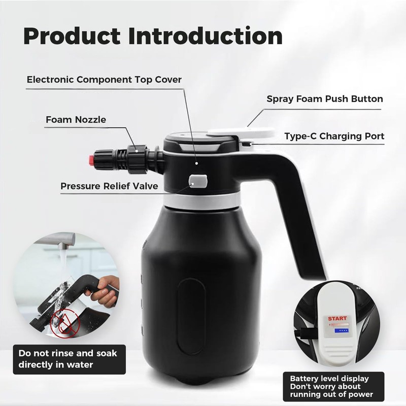 Electric Foam Sprayer,2L Portable Rechargeable Cordless Pressurized Spray Foam Cannon,