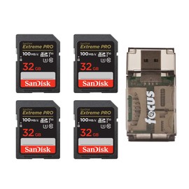 SanDisk 32GB Extreme Pro SDHC and SDXC UHS-I Memory Card (4-pack) Bundle with Focus All-In-One High Speed Card Reader (5 Items)