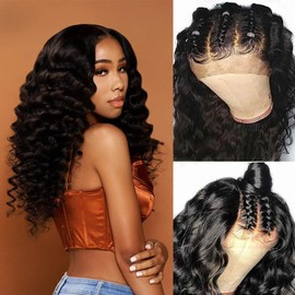 BINF Human Hair Lace Front Wigs Loose Deep Wave Lace Closure Wig 4x4 Deep Wave Wig Human Hair HD Transparent Pre Plucked With Baby Hair Bleached Knots Black Wig 14 Inch