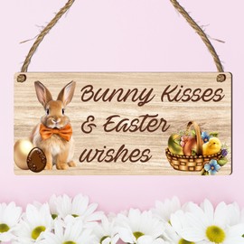 Bunny Kisses & Easter Wishes Wooden Plaque - Handcrafted Easter Themed Decor with Rabbit & Egg Basket Design, Versatile Home Decoration with Rustic Charm, Ideal for Seasonal Adornments & Gift Hampers