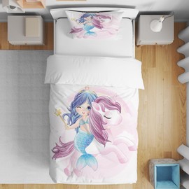 AVJWWD Unicorn Bed Linen Set, Children's Microfibre Bed Linen, Cartoon Unicorn, 3D Printed Duvet Cover, 3-Piece with Zip, Soft Girls' Bedding (E, 120 x 150 cm)