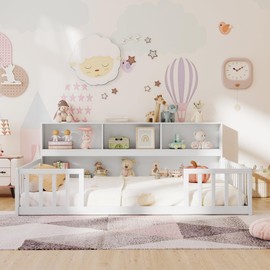 Giantex Full Size Floor Bed for Kids, Wooden Montessori Bed Frame with Bookcase, Storage Shelves & Safety Fence Rails, Floor Beds Full for Girls, Boys, No Box Spring Needed, Without Slats, White