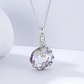 925 Sterling Silver Butterfly Hummingbird Rose Tree of Life Urn Necklace for Ashes Crystal Cremation Pendant Memorial Jewelry for Women (Butterfly-2)