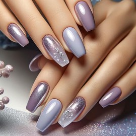 TBRZTR Light Purple Press on Nails Medium Ballet Shaped Nails Flower False Nails Glitter Powder Design Acrylic Nails Artificial Coffin Nails Full Cover Glue on Nails 24Pcs Stick on Nails for Women