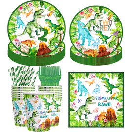 126pcs Two Rex Birthday Decorations Boy Watercolor Dinosaur Party Supplies include Plates Napkins Cups Trex Banner Forks Straws for Boys 2nd Birthday Dinosaur Party Supplies Decorations