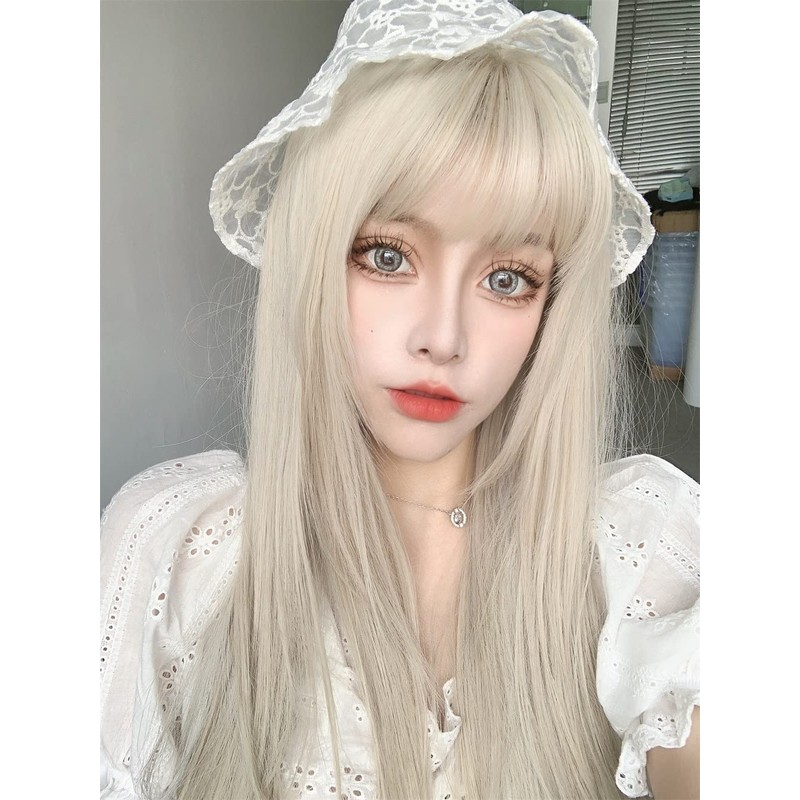 Semi-long, Beige x White Wig, Women's, Wig, Straight, Natural, Harajuku
