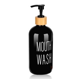 Pump Mouthwash Dispenser, Glass Mouthwash Container for Bathroom Countertop, Mouth Wash Bottle Decanter, Black, Printed Font
