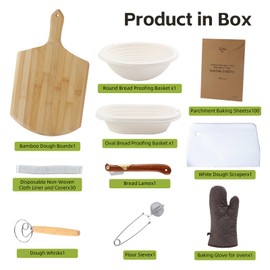 Pulp Banneton Bread Proofing Baskets Set with 30pcs Disposable Liners -100pcs Parchment Baking Papers Dough/Pizza Transfer Board -Flour Sieve - Dough Whisk - Baking Glove Sourdough Bread Baking Supply