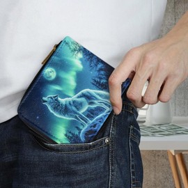 Dngkaoje Blue Galaxy Wolf Zipper Wallet for Men Boys Teens Small PU Leather Clutch with Multiple Card Slots Animals Wolf Print Leather Bifold Wallets for Men with ID Window Casual Coin Card Holde Bag
