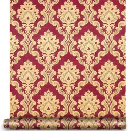 Red Luxury Damask Wallpaper Peel and Stick 17.7"× 9.8ft Damask Contact Paper Removable Self-Adhesive Furniture Decor Paper Vinyl Decorative Film for Drawer Shelf Liner Home Decor