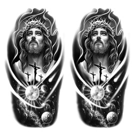 Oottati 2 Sheets Jesus Cross Moon Temporary Tattoos for Adults, Spiritual Religious Fake Tattoo Stickers, Realistic Black and White Galaxy Nebula Waterproof Long Lasting Body Art for Shoulder Arm