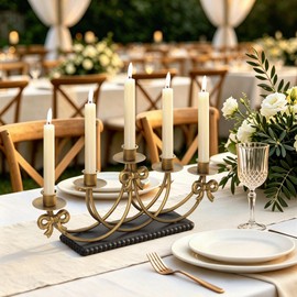 MOSANEE 5-Arm Brass Candelabras with Black Wooden Base, Vintage Cast Iron Wedding Candlestick Holders for Taper Candles,Decorative Bows Candle Holders for Table Centerpiece,Fireplace（Antique Gold）