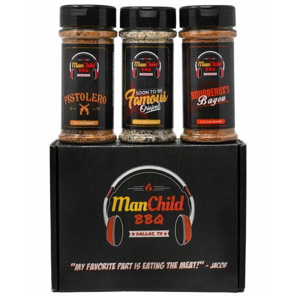 Manchild BBQ Rub Spices and Seasonings Gift Kit | Three Authentic Spice Set | All Natural Seasonings for Cooking, Grilling, Smoking | Great for Brisket, Steak, Pork, Chicken, Tacos, and more