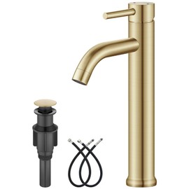 Aolemi Vessel Sink Faucet Tall Bathroom Faucet Single Handle One Hole Bathroom Sink Faucet Stainless Steel Round Body with Pop up Drain Basin Bowl Vanity Lavatory Mixer Tap Brushed Gold
