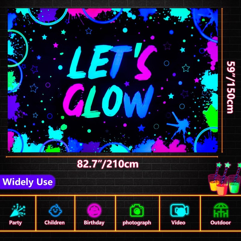 Glow Neon Birthday Backdrop - Glow in The Dark Let’s