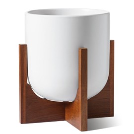 LE TAUCI 10 Inch Plant Pot with Acacia Wood Stand, Ceramic Planters for Indoor Plants, Unique Plant Pots Indoor for Home Decor, Mid-Century Modern Pots for Plants with Drainage Hole and Plug, White