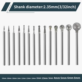 Hanboost 14Pcs Diamond Ball Shape Engraving Burr Set for Rotary Tools S2, 3/32" (2.35mm) Shank Carving Bits for Glass, Jade and Ceramics, Ideal for Jewelry Makers and Model Builders
