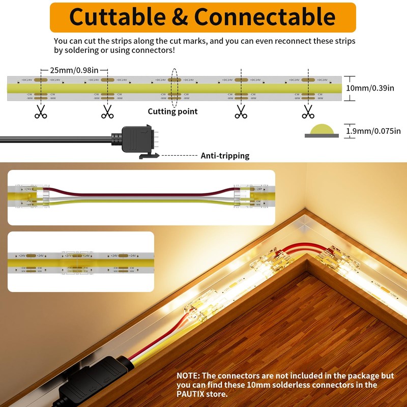 PAUTIX COB LED Strip Light White CCT Tunable 3200LEDs,CRI90+ 16.4ft/5m