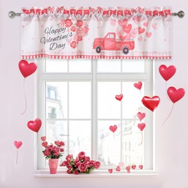 DriftAway Valentine’s Day Valances for Windows Red Truck Heart Rose Flower Love Kitchen Curtain Valance Rod Pocket Short Window Valance Holiday Home Decor 14 inch Length for Bathroom Living Room