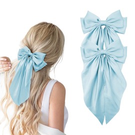 Hair Bows for Women, 2Pcs Baby Blue Bow Hair Clips for Girls, Silky Satin Hair Bows Clips Long Tail, Large Hair Barrettes Cute Aesthetic Hair Accessories