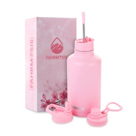 FAHRMOSIS 64 OZ Water Bottle with Straw | Insulated Water Bottle Water Jug Includes 3 Lids Water Bottles | Stainless Steel Water Bottle for Men & Women - Pink