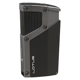 Lotus Czar Cigar Lighter with Quad Pinpoint Torch Flames, Single Action Ignition, All Metal Housing, Integrated 9 mm Cigar Punch, Tinted Fuel Level Window (Black Matte & Gunmetal)