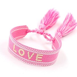 COLORFUL BLING Woven Friendship Wrap Embroidery Bracelets – Love Knitted Word Adjustable Rope Braided Bracelets for Women Gift - Pink